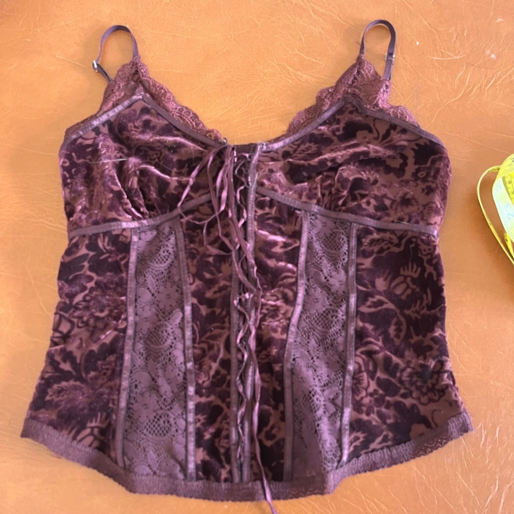 Express Velvet Burnout Corset Lace Cami Top Plum Y2K Size Small - Picture 3 of 13